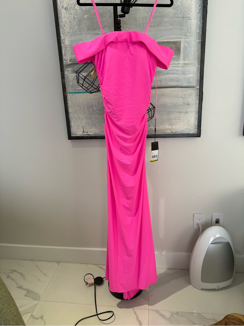 La Femme Neon Pink Strapless Ruched Evening Gown